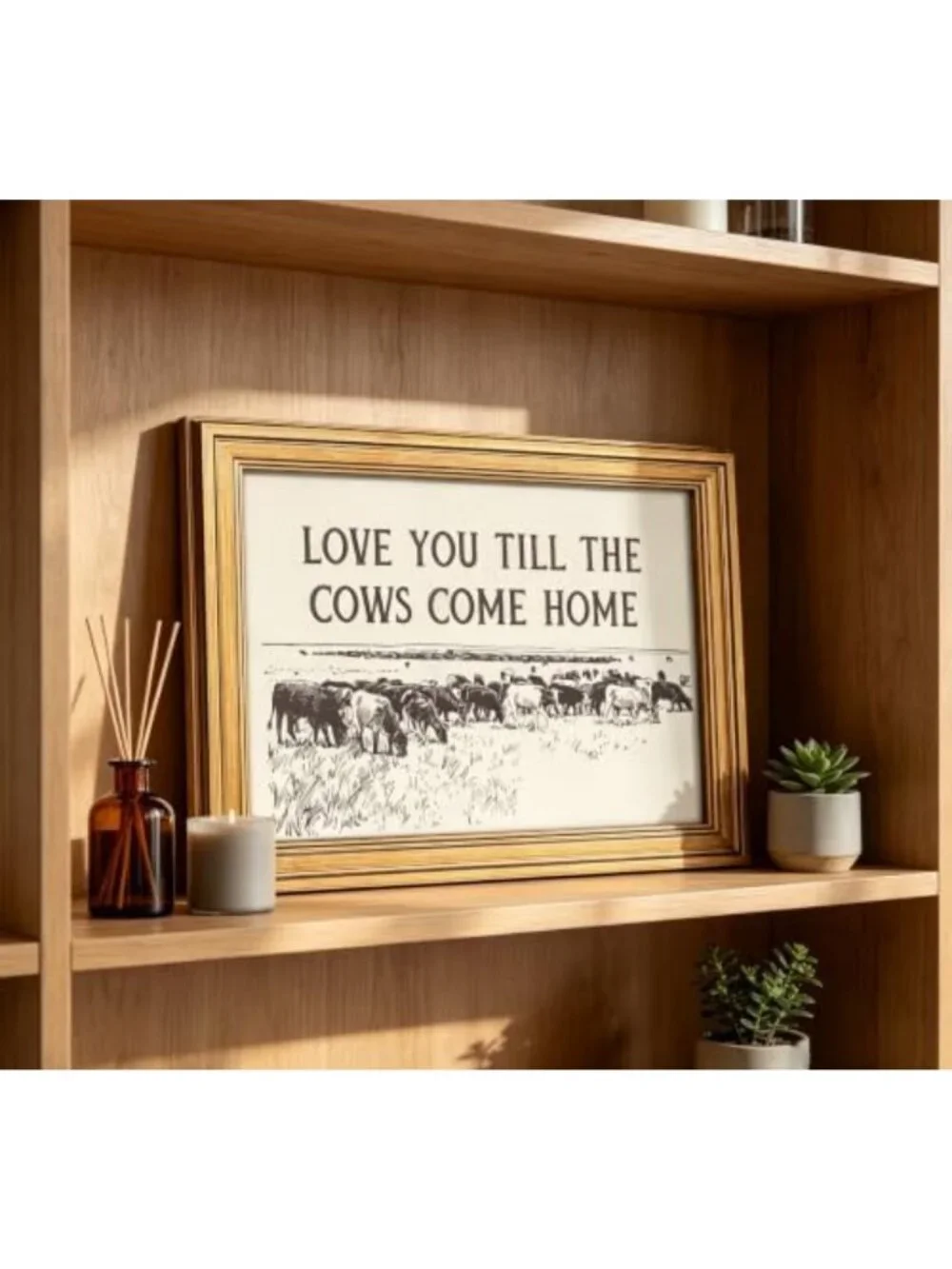 Vintage Gold Framed Cow Wall Art - Rustic Western Landscape Canvas Decor 9x11